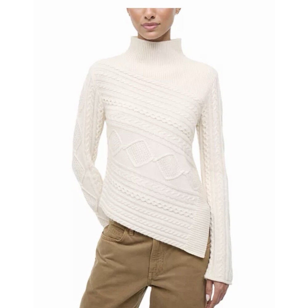 Staud Women’s Ivory Sidney Wool Cable Knit Turtleneck Asymmetric Sweater Size M